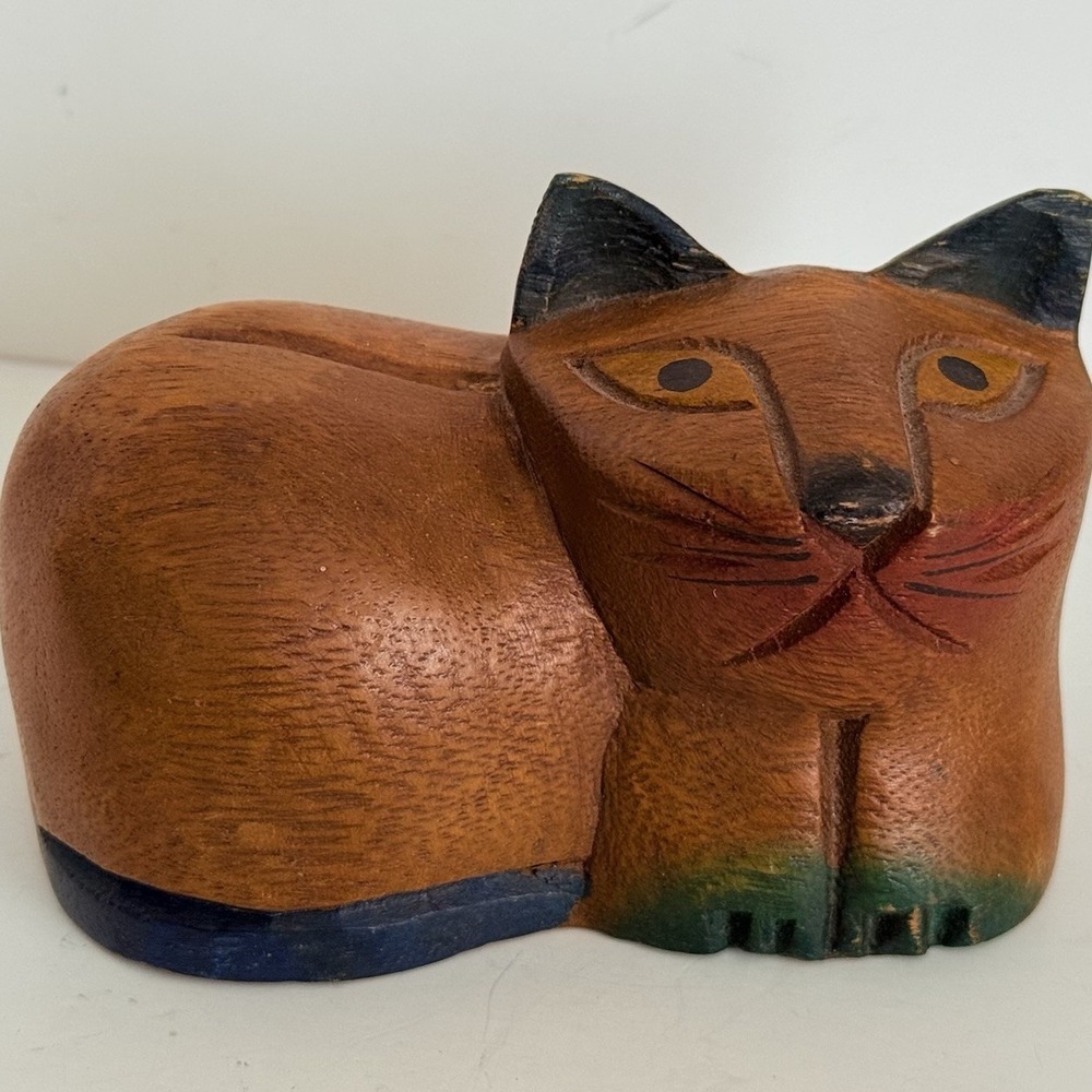 Vintage Pier 1 Primitive Carved Wood Hand Painted Cat Figurine